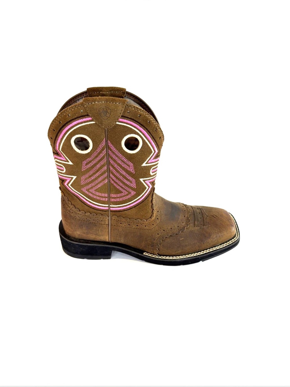 Ariat Brown & Pink Short Cowgirl Brown Leather Western Boots Women Sz 7 B Sample
